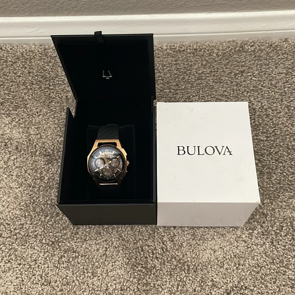 Bulova Curv Rose Gold Tone and Black Chronograph Watch - Picture 2 of 9